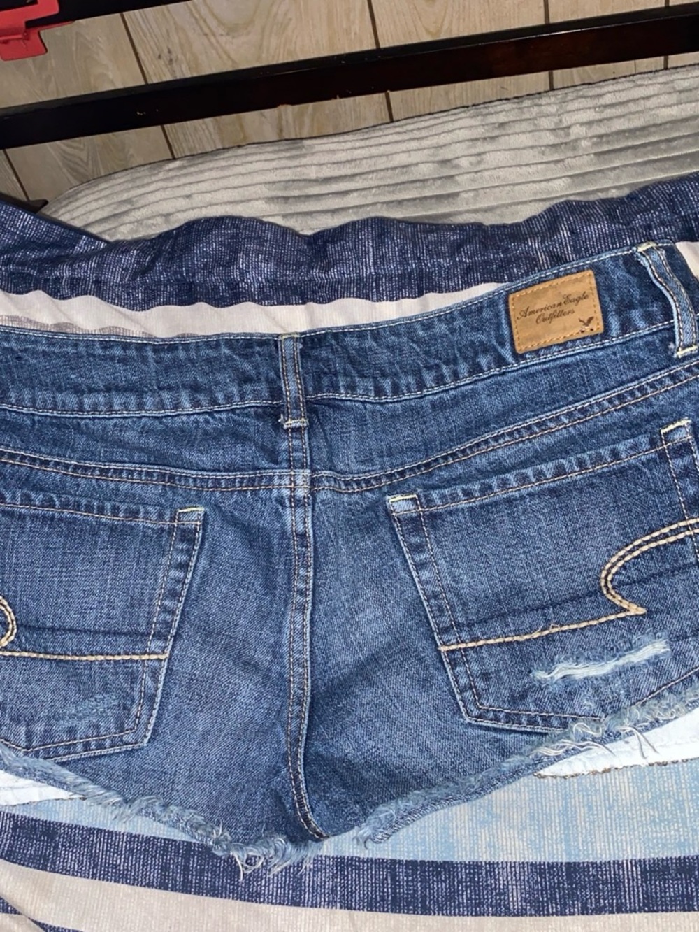American Eagle Outfitters Dark Blue Denim Shorts with Frayed Hem